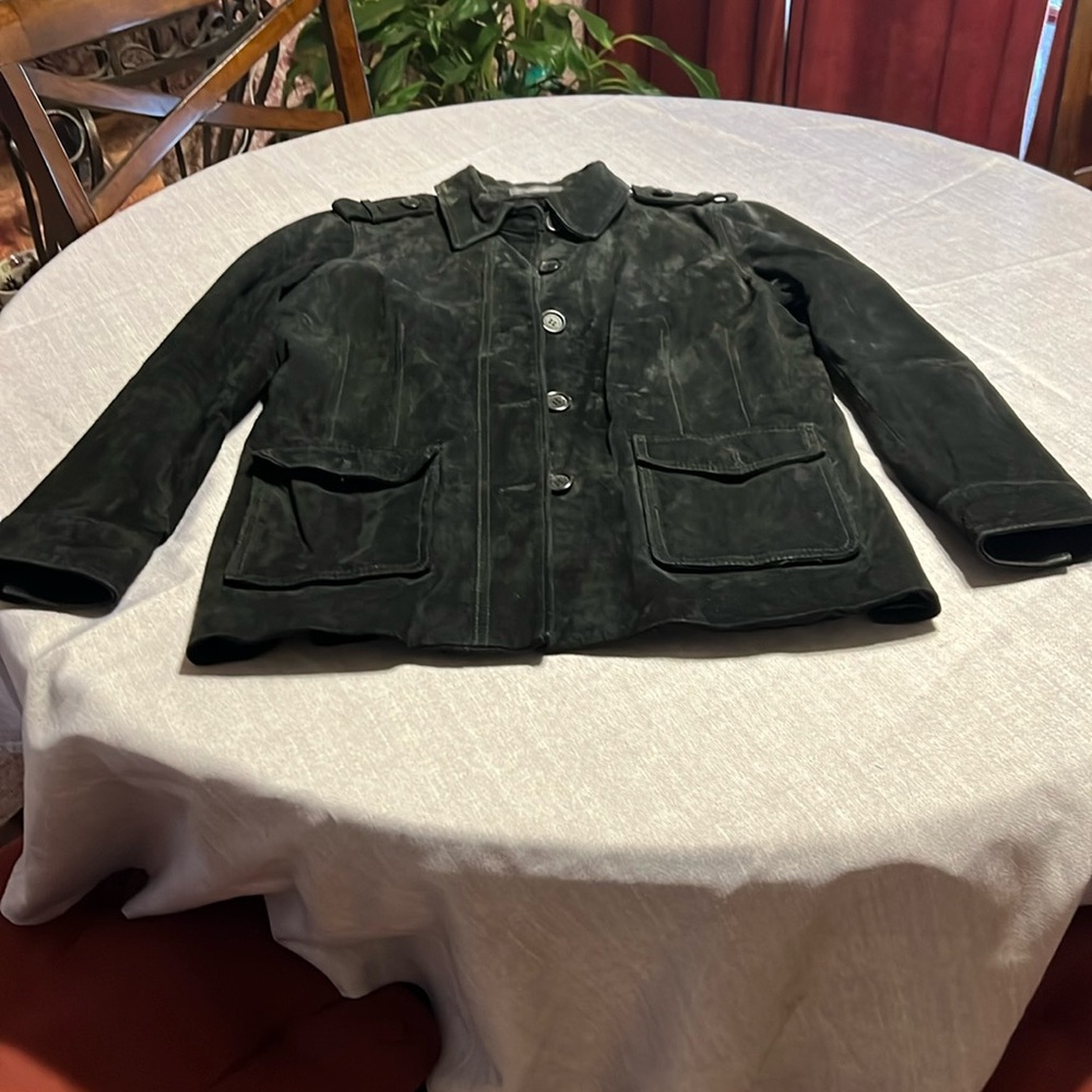 Liz Claiborne Jacket, large, black, front pockets, zipper & button-up front.